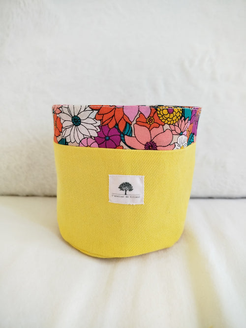 Cache pot panier artisanal cousu main tissu jaune vif