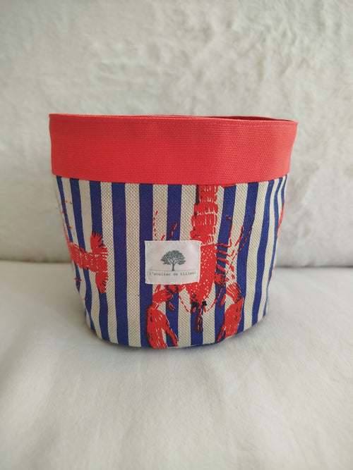 Cache pot panier artisanal cousu main tissu rayure bleue