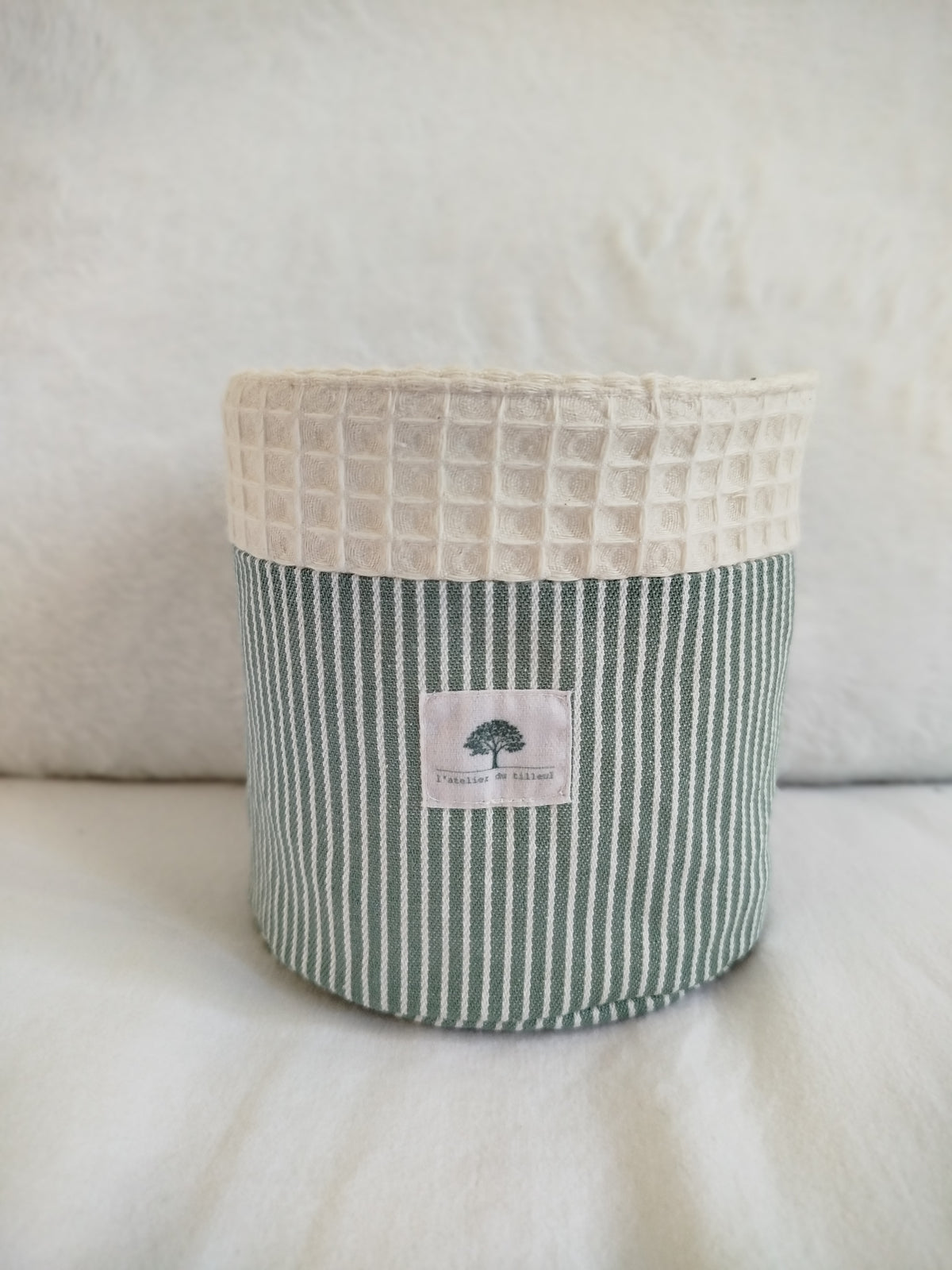 Cache pot panier artisanal cousu main tissu rayure vert sauge