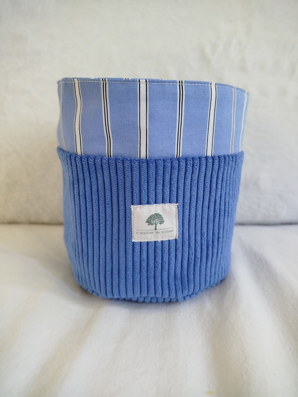 Cache pot panier artisanal cousu main tissu velours bleu