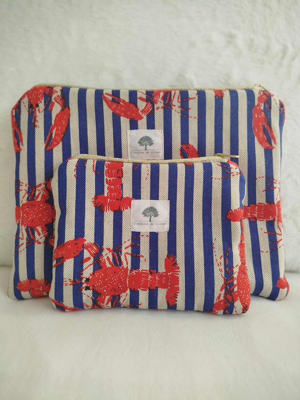 Pochette zippée artisanal cousu main tissu rayure bleue