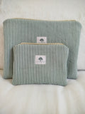Pochette zippée artisanal cousu main tissu rayure vert sauge