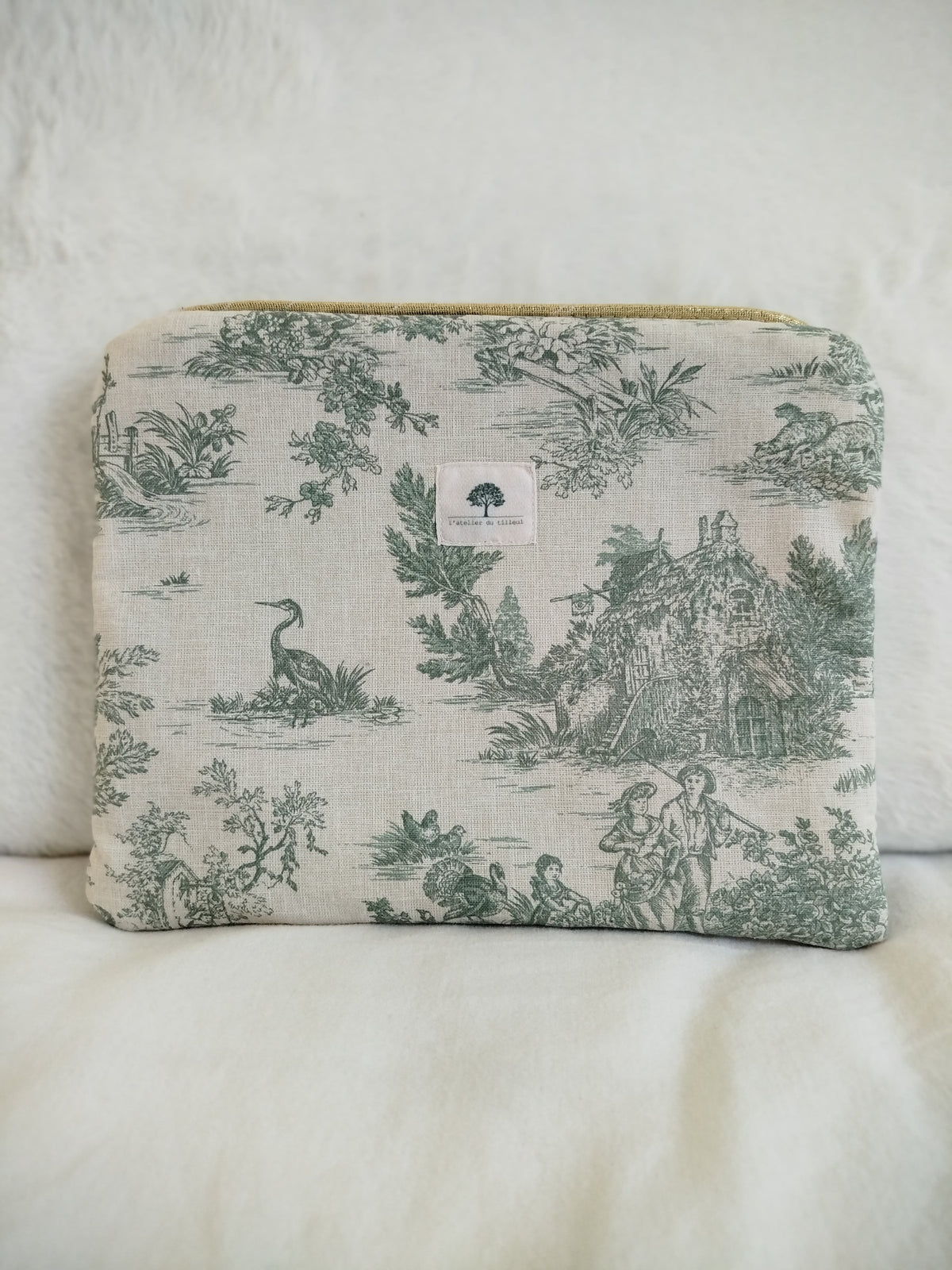Pochette zippée artisanal cousu main tissus toile de jouy