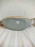 Sac banane artisanal cousu main tissu rayure vert sauge