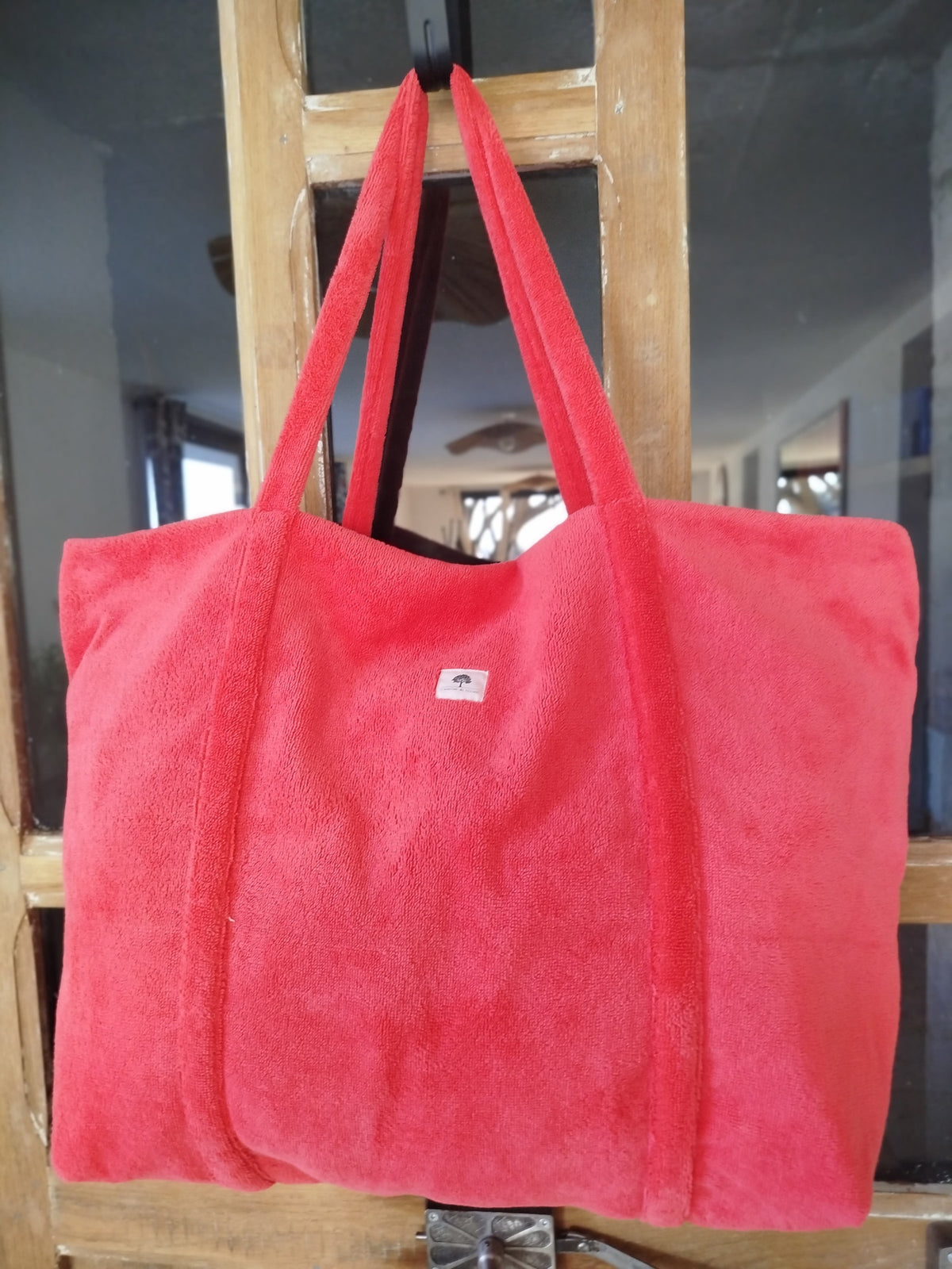 Sac de plage artisanal cousu main , tissu éponge bambou corail