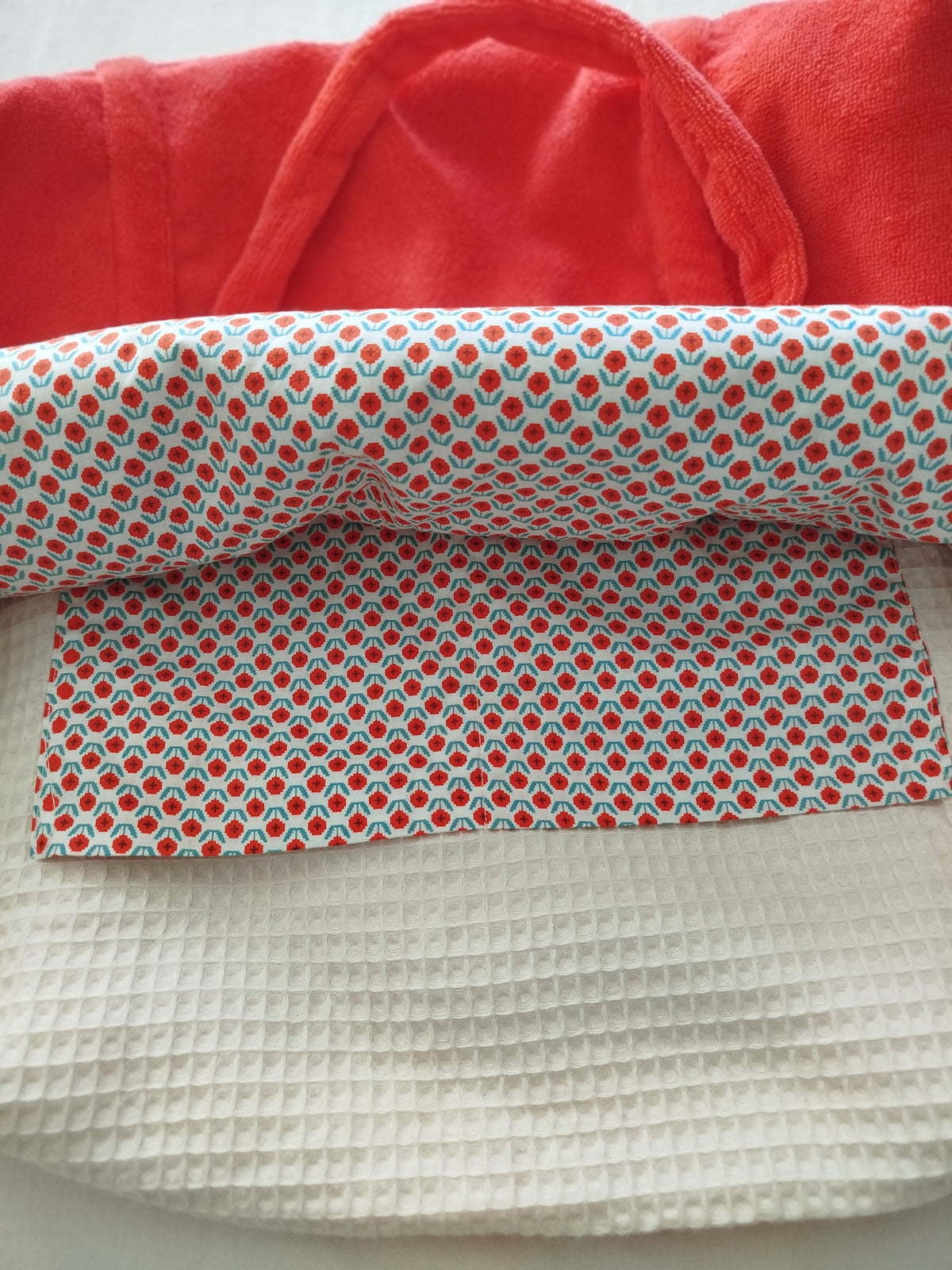 Sac de plage cousu main , tissu éponge bambou corail