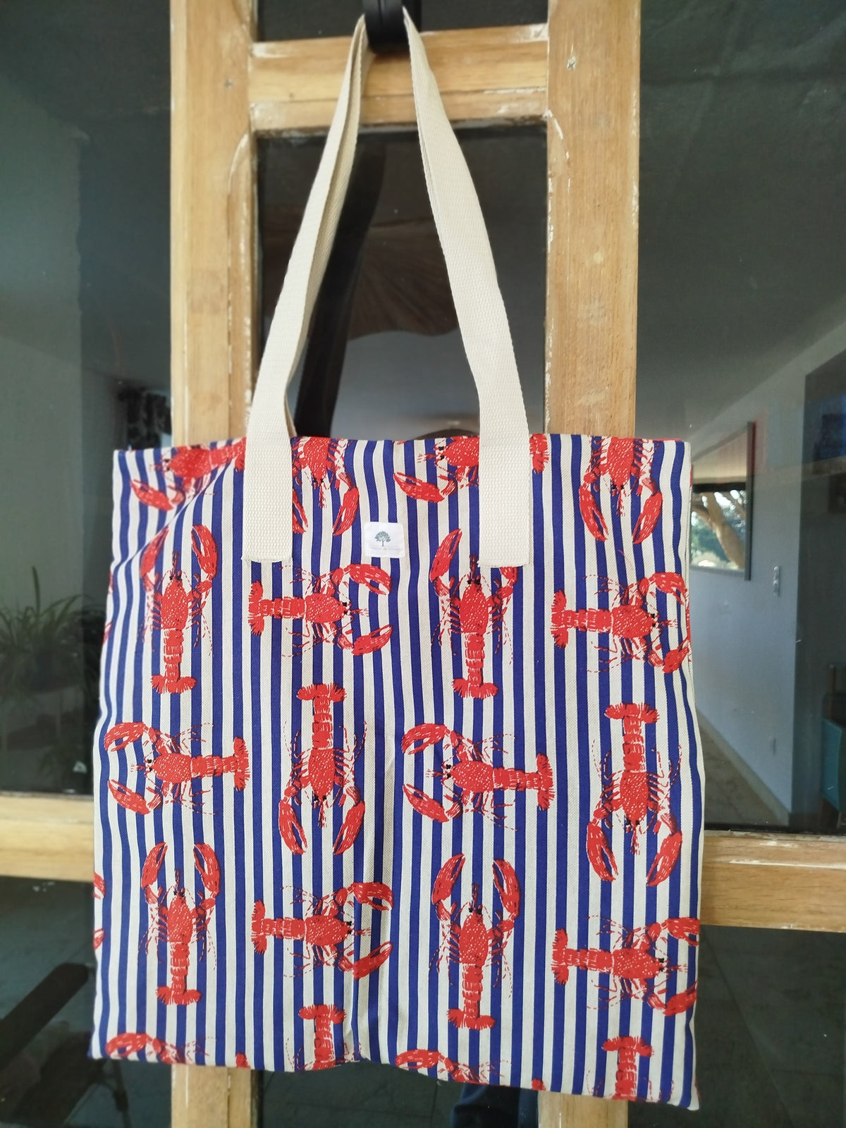 Tote bag artisanal cousu main rayure bleue