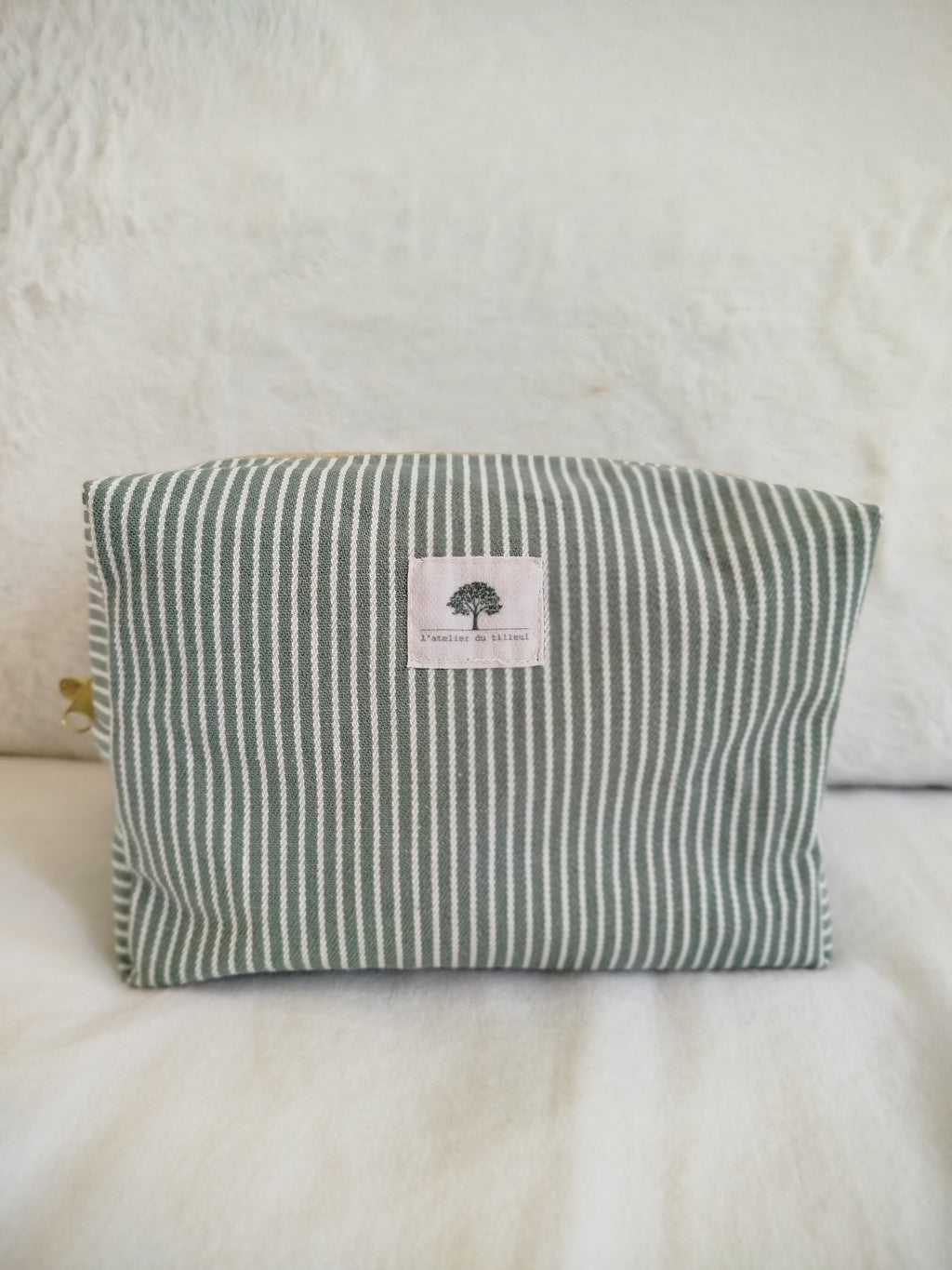Trousse de toilette artisanal cousu main tissu rayure vert sauge