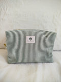Trousse de toilette artisanal cousu main tissu rayure vert sauge