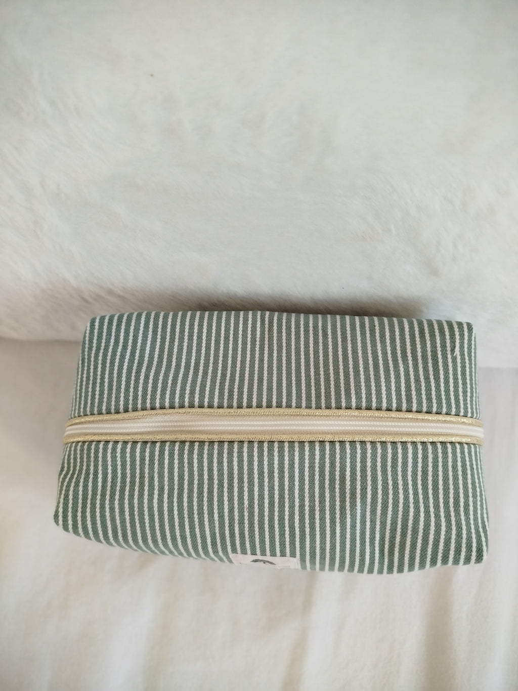 Trousse de toilette artisanal cousu main tissu rayure vert sauge