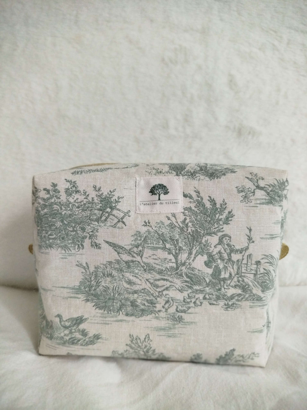 Trousse de Toilette Artisanale - Petit modèle toile de Jouy verte