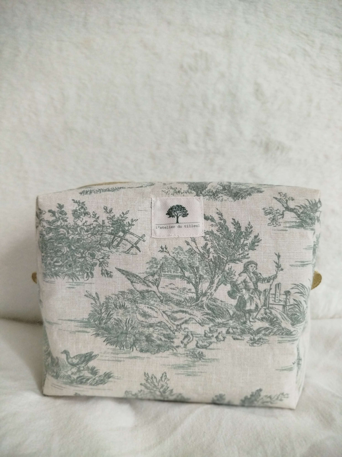 Trousse de Toilette Artisanale - Petit modèle toile de Jouy verte