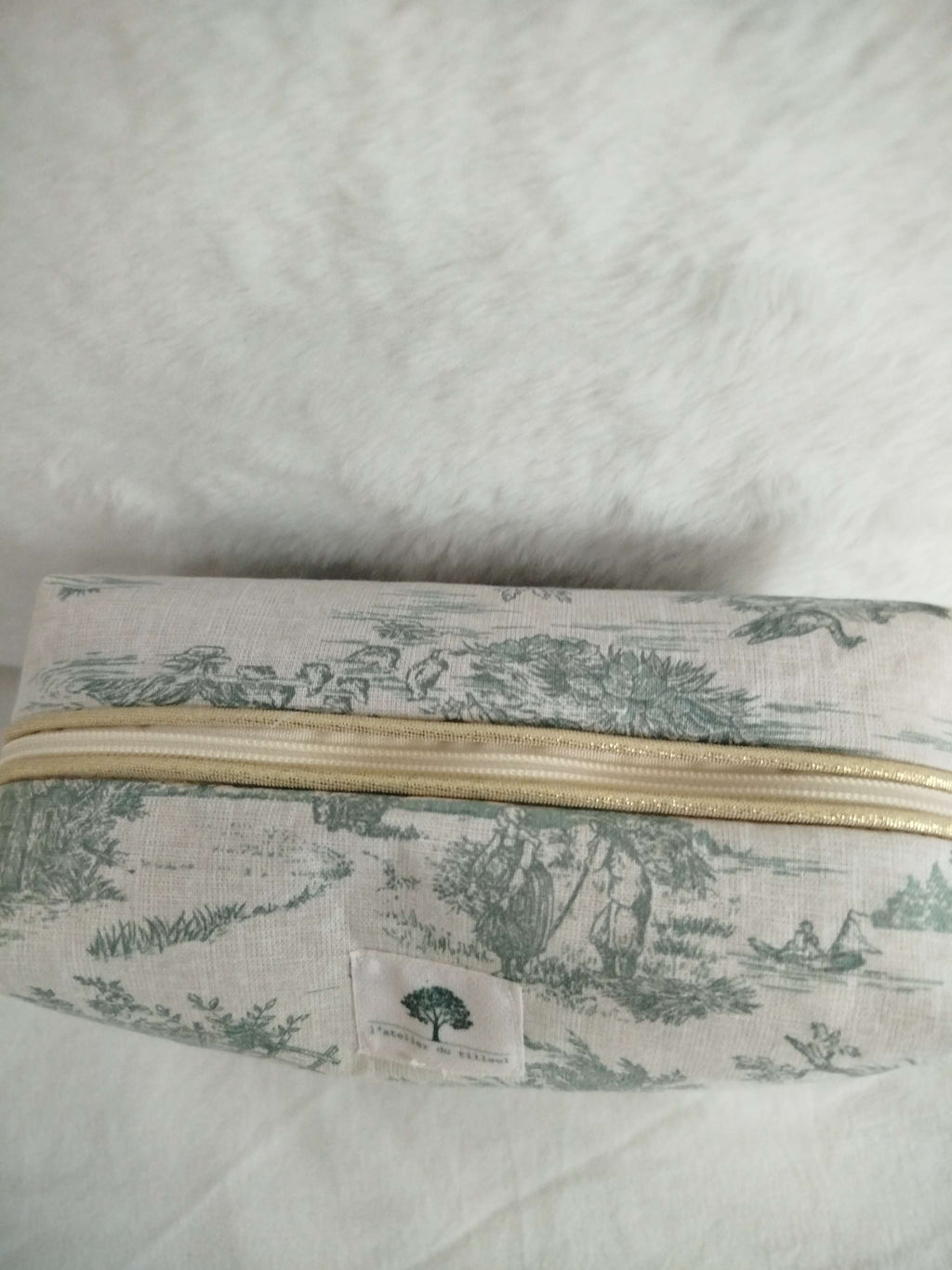 Trousse de Toilette Artisanale - Petit modèle toile de Jouy verte