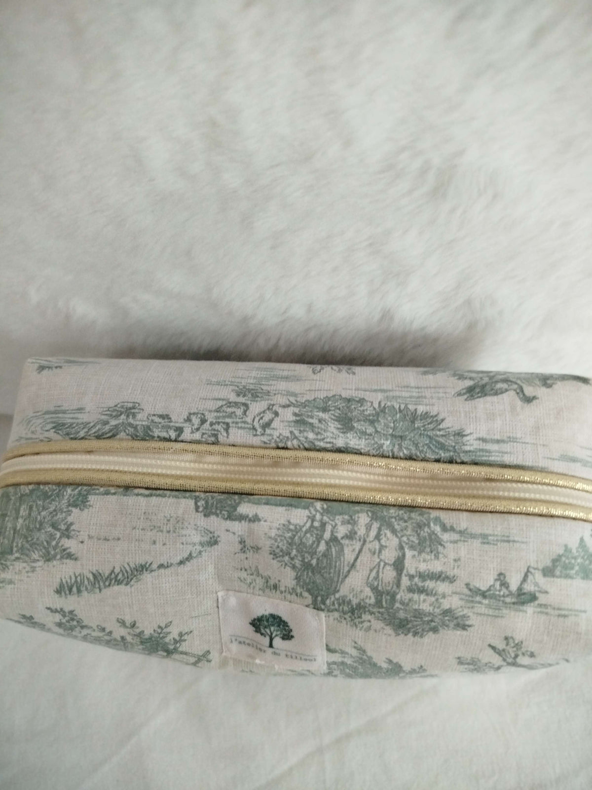 Trousse de Toilette Artisanale - Petit modèle toile de Jouy verte
